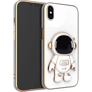 Case 4u Apple iPhone Xs Max Kılıf Astronot Standlı Sevimli Parlak Altın Gold Kenarlı Tam Korumalı