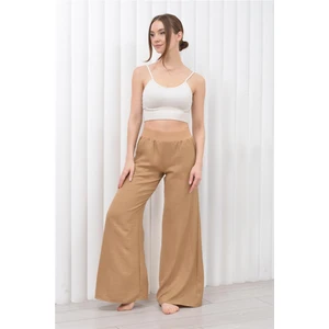 Kadın Keten Beli Lastikli Cepli Pantolon Açık Kahve