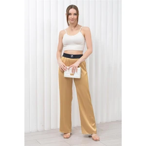 Kadın Beli Lastikli Palazzo Saten Pantolon Gold