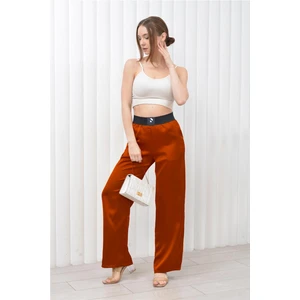 Kadın Beli Lastikli Palazzo Saten Pantolon Kiremit