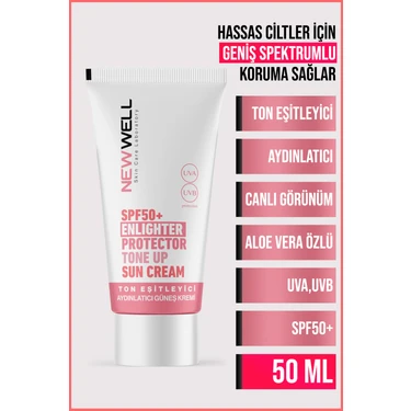 New Well yüksek Koruma Etkili SPF50+ Pembe Yüz Güneş Kremi 50