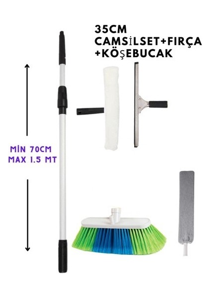 1,5 mt Profesyonel Ev Temizleme Seti 35 cm Çekçek + 35 Peluş Takım + Fırça + Tozluk