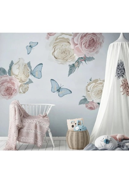 Rengarenk Kelebekler ve Soft Renk Peony Çiçekler Modern Duvar Sticker Seti