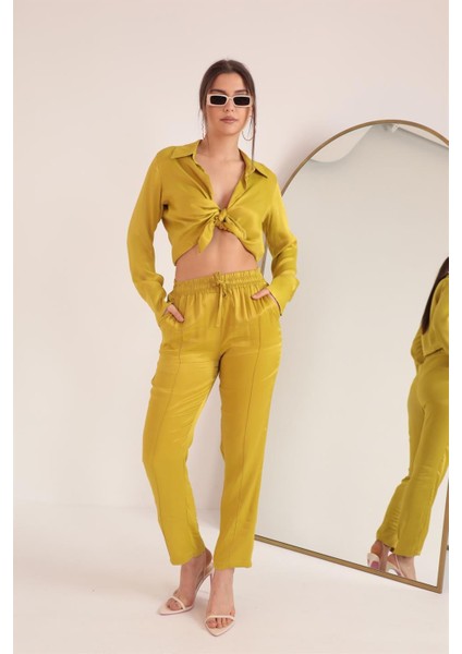 Saten Kumaş Beli Lastikli Kadın Pantolon-Yağ Yeşili