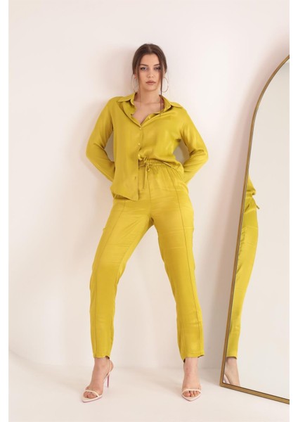 Saten Kumaş Beli Lastikli Kadın Pantolon-Yağ Yeşili fiyatları