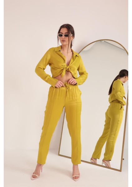 Saten Kumaş Beli Lastikli Kadın Pantolon-Yağ Yeşili modelleri