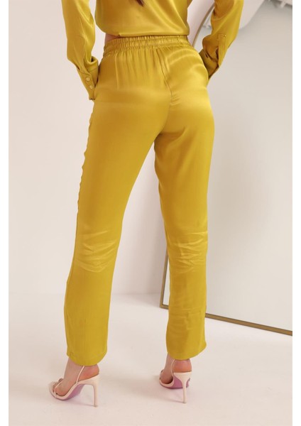 Saten Kumaş Beli Lastikli Kadın Pantolon-Yağ Yeşili indirimleri