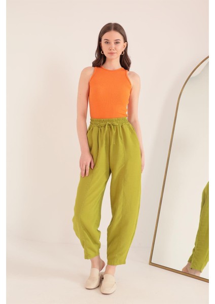 Keten Kumaş Beli Lastikli Şalvar Kadın Pantolon-Yağ Yeşili