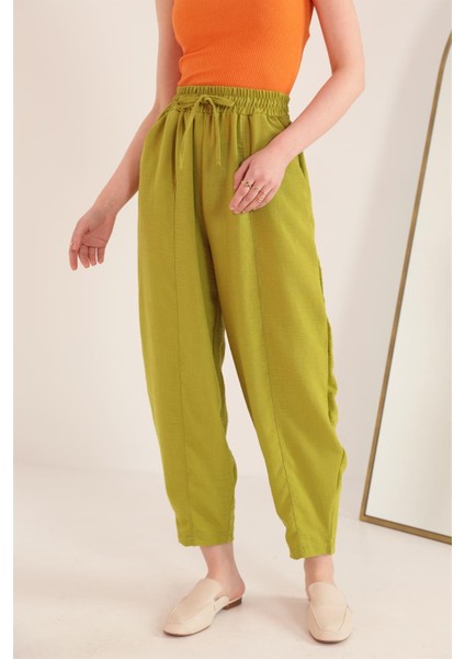 Keten Kumaş Beli Lastikli Şalvar Kadın Pantolon-Yağ Yeşili fiyatları