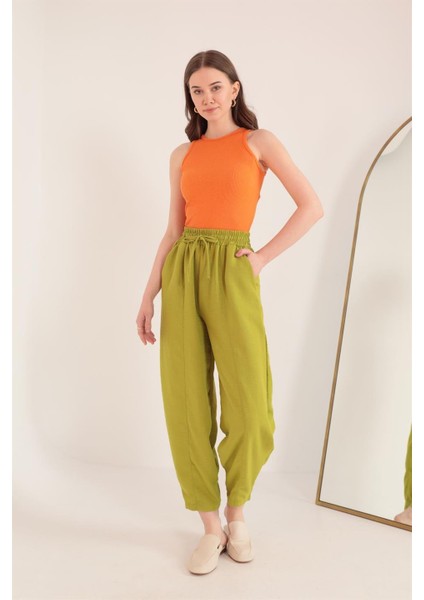 Keten Kumaş Beli Lastikli Şalvar Kadın Pantolon-Yağ Yeşili modelleri