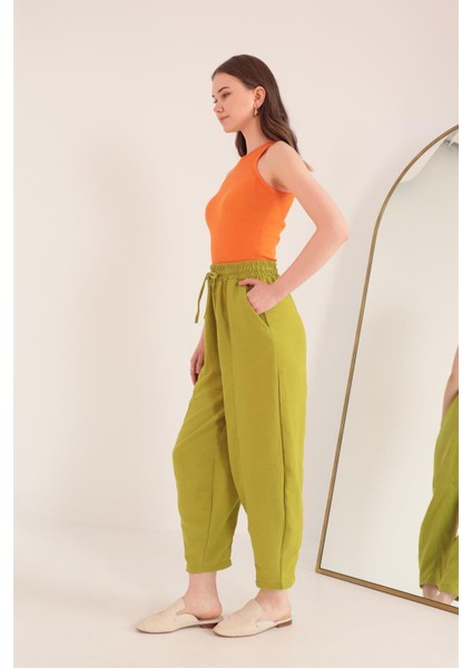 Keten Kumaş Beli Lastikli Şalvar Kadın Pantolon-Yağ Yeşili fırsatları