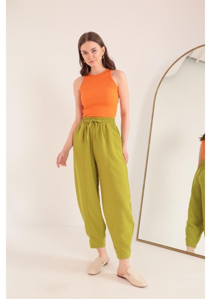 Keten Kumaş Beli Lastikli Şalvar Kadın Pantolon-Yağ Yeşili indirimleri
