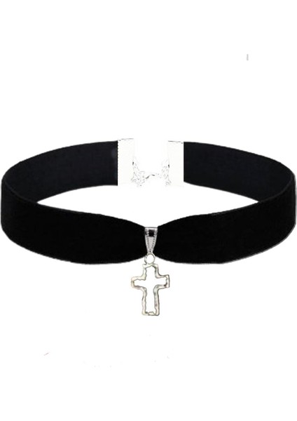 Siyah Renk Kadife Kadın Haç Choker Tasma Kolye