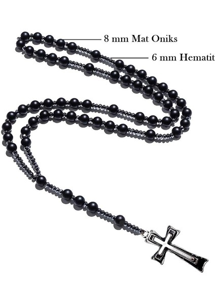 8 mm Mat Oniks & 6 mm Hematit Doğal Taş Erkek Haç Kolye