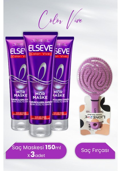 Color Vive Mor Maske Turunculaşma Karşıtı 150 Ml X 3 Adet Ve Tarko Lionesse Saç Fırçası Yuvarlak Mor