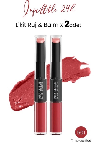 Loreal Paris Infaillible 24h Likit Ruj & Balm 501 Timeless Red X 2 Adet
