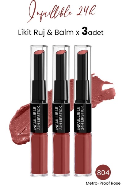 Loreal Paris Infaillible 24h Likit Ruj & Balm 804 Metro-Proof Rose X 3 Adet