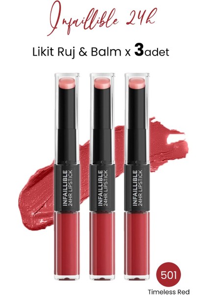 Loreal Paris Infaillible 24h Likit Ruj & Balm 501 Timeless Red X 3 Adet