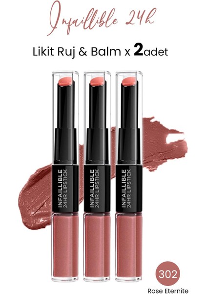 Loreal Paris Infaillible 24h Likit Ruj & Balm 302 Rose Eternite X 3 Adet