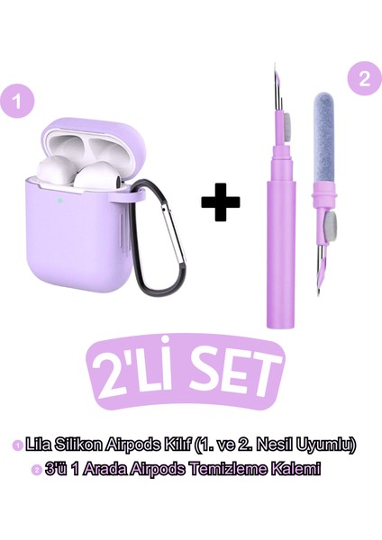 Airpods 1. ve 2.nesil Uyumlu Lila Kılıf ve Lila 3'ü 1 Arada Kulaklık Temizleme Kalemi Seti