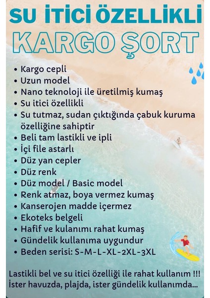 Siyah Kargo Cepli Uzun Model Su Itici Özellikli Düz Renk Erkek Plaj Deniz Şort - 444-SIYAH