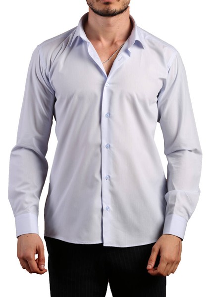 Açık Mavi Dar Kesim Slim Fit Uzun Kol Düz Renk Erkek Gömlek - 151-3