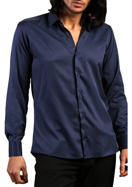 Lacivert Dar Kesim Micro Kumaş Kol Düğmeli Slim Fit Erkek Gömlek - 201-12