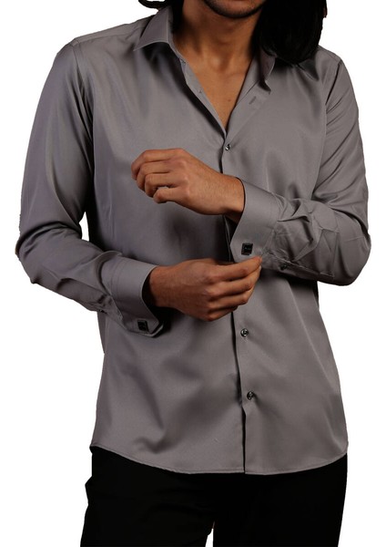 Koyu Gri Dar Kesim Micro Kumaş Kol Düğmeli Slim Fit Erkek Gömlek - 201-7