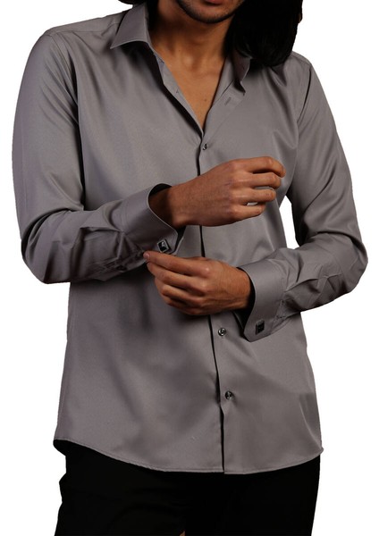 Koyu Gri Dar Kesim Micro Kumaş Kol Düğmeli Slim Fit Erkek Gömlek - 201-7