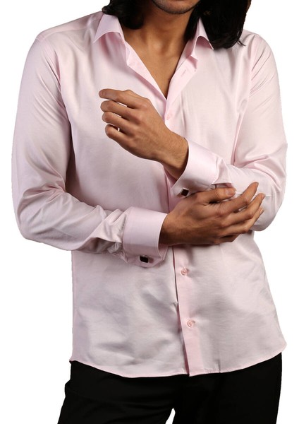 Pembe Dar Kesim Micro Kumaş Kol Düğmeli Slim Fit Erkek Gömlek - 201-2