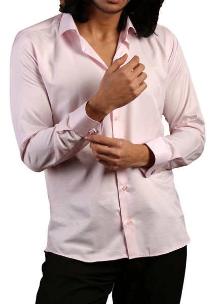 Pembe Dar Kesim Micro Kumaş Kol Düğmeli Slim Fit Erkek Gömlek - 201-2
