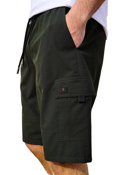 Haki Kargo Cepli Uzun Model Su Itici Özellikli Düz Renk Erkek Plaj Deniz Şort - 444-HAKI