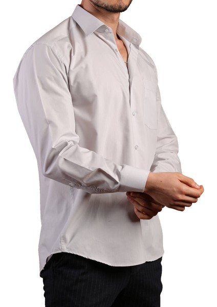 Açık Gri Büyük Beden Rahat Kesim Cepli Uzun Kol Regular Fit Erkek Gömlek - 150-29