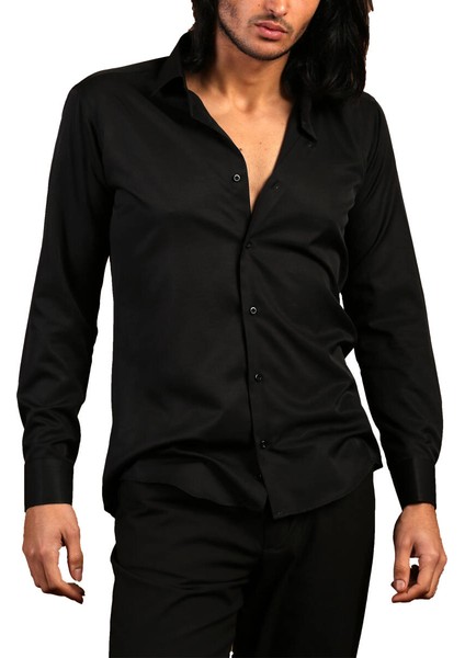Siyah Dar Kesim Micro Kumaş Kol Düğmeli Slim Fit Erkek Gömlek - 201-6
