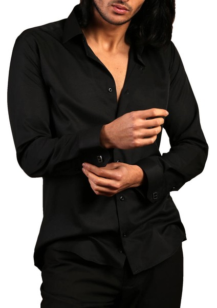Siyah Dar Kesim Micro Kumaş Kol Düğmeli Slim Fit Erkek Gömlek - 201-6