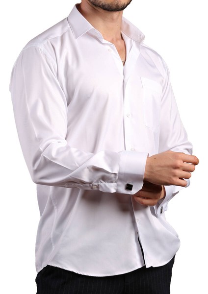 Beyaz Rahat Kesim Micro Kumaş Kol Düğmeli Regular Fit Erkek Gömlek - 190-1