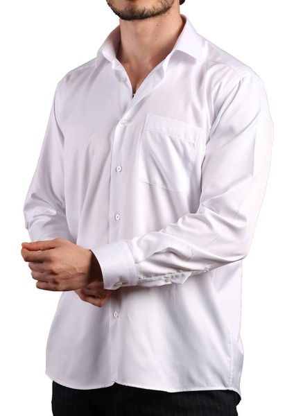 Beyaz Rahat Kesim Micro Kumaş Kol Düğmeli Regular Fit Erkek Gömlek - 190-1