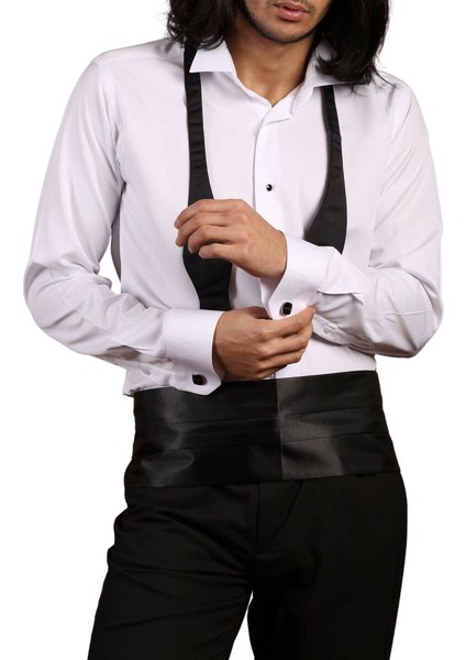 Beyaz Ekstra Uzun Kol 8 Drop Damatlık Ata Yaka Kol Düğmeli Slim Fit Smokin Gömlek - 013