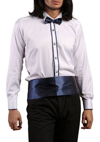 Beyaz Lacivert Çift Bieli Damatlık Ata Yaka Kol Düğmeli Slim Fit Smokin Gömlek - 011 fiyatları