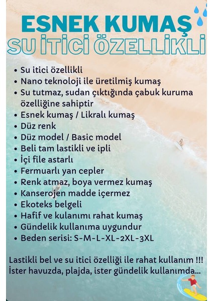Lacivert Likralı Esnek Kumaş Su Itici Özellikli Düz Renk Erkek Plaj Deniz Şort Mayo - 2201-LACIVERT