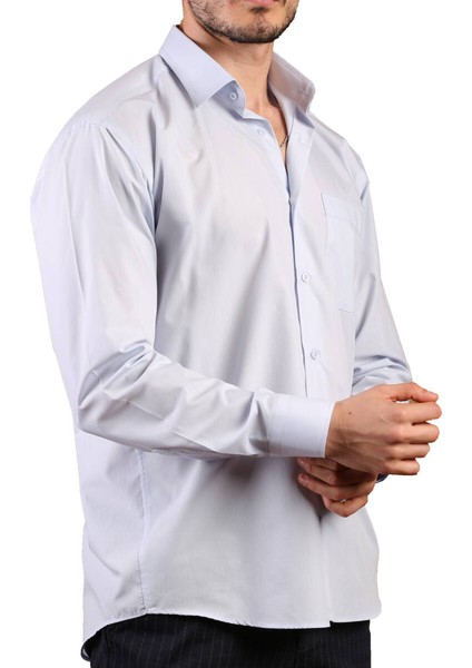 Açık Mavi Büyük Beden Rahat Kesim Cepli Uzun Kol Regular Fit Erkek Gömlek - 150-3