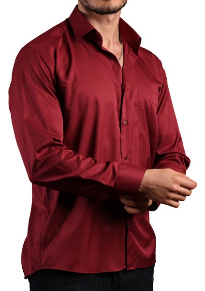 Bordo Büyük Beden Rahat Kesim Micro Kumaş Kol Düğmeli Regular Fit Erkek Gömlek - 190-13