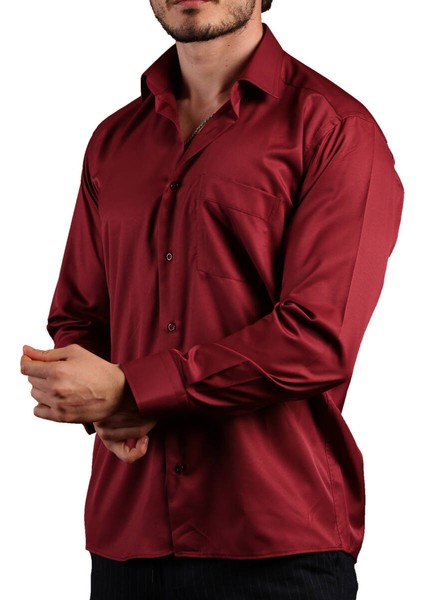 Bordo Büyük Beden Rahat Kesim Micro Kumaş Kol Düğmeli Regular Fit Erkek Gömlek - 190-13 modelleri
