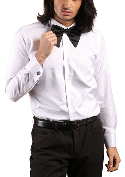 Beyaz Gizli Pat Damatlık Ata Yaka Kol Düğmeli Slim Fit Smokin Gömlek - 001
