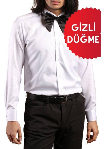 Beyaz Gizli Pat Damatlık Ata Yaka Kol Düğmeli Slim Fit Smokin Gömlek - 001 fiyatları