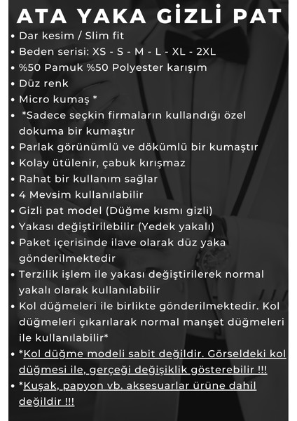 Beyaz Gizli Pat Damatlık Ata Yaka Kol Düğmeli Slim Fit Smokin Gömlek - 001 indirimleri