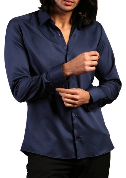 Lacivert Dar Kesim Micro Kumaş Kol Düğmeli Slim Fit Erkek Gömlek - 201-12