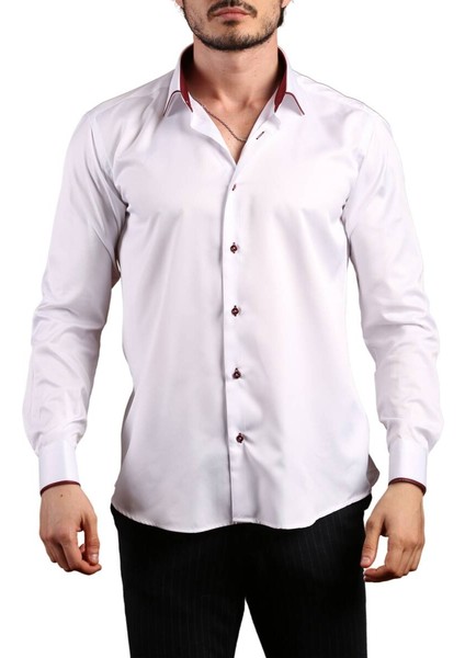 Beyaz Bordo Bieli Yaka Dar Kesim Micro Kumaş Kol Düğmeli Slim Fit Erkek Gömlek - 216-3 fiyatları