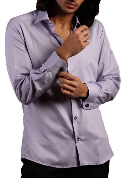 Lila Dar Kesim Micro Kumaş Kol Düğmeli Slim Fit Erkek Gömlek - 201-3 modelleri