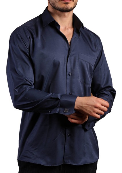 Lacivert Rahat Kesim Micro Kumaş Kol Düğmeli Regular Fit Erkek Gömlek - 190-12